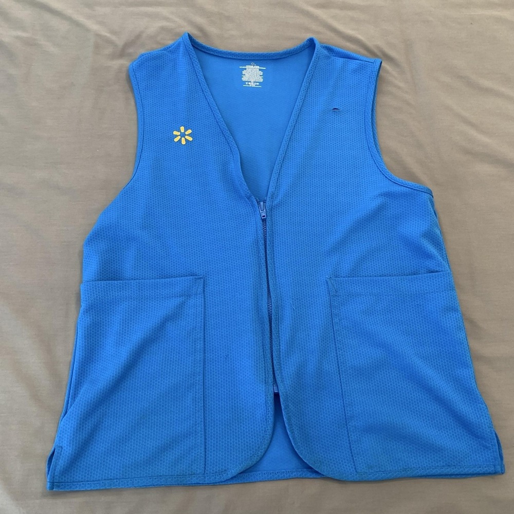 Walmart‎ Vest Womens Large Blue Mesh Full Zip Pockets Workwear Logo Uniform